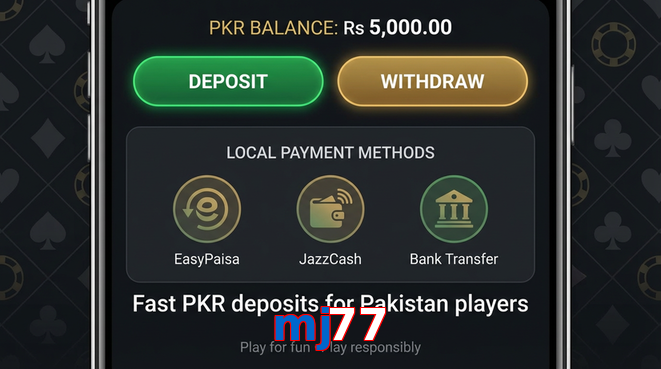 Deposit and withdrawal screen with PKR methods